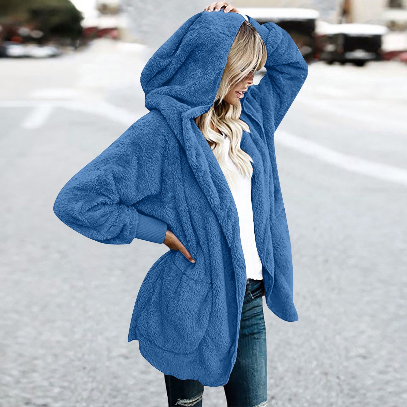Winter Coats for Women Plus Size S-5X Fleece Long Sleeve Jackets with Hood and Pockets Ladies Casual Solid Warm Open Front Outerwear Coat