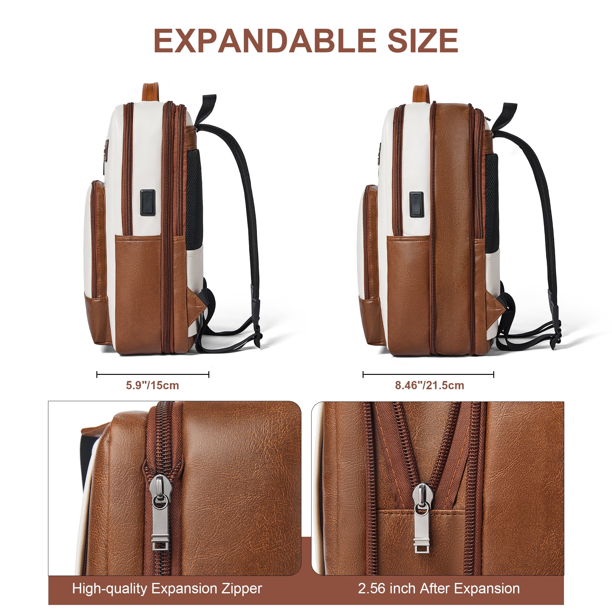 Shrrie Leather Laptop Backpack for Women and Men,28 L Travel Backpack Computer Bag Fits 16 inch Laptop,Expandable Casual Daypack with USB Charging Port for Work Business Weekender College