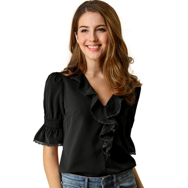 BluDe ManDe CampaCon Cuello En V Y Volantes PaMujer, BluCampesiDe GaInformal Vintage De Verano Negro XL