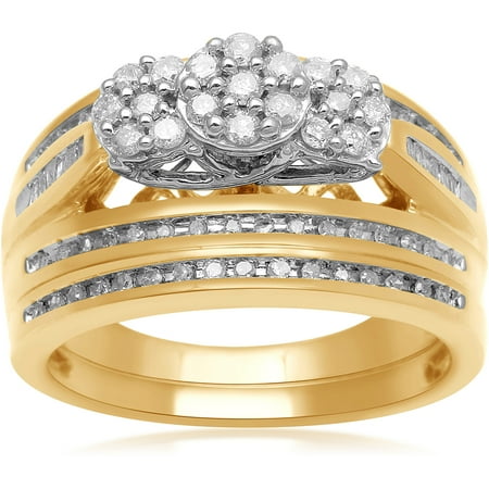 1/2 Carat T.W. Three-Stone Baguette and Round Diamond Composite Head 18Kt Yellow Gold Over Silver Bridal Set, Size 7 only