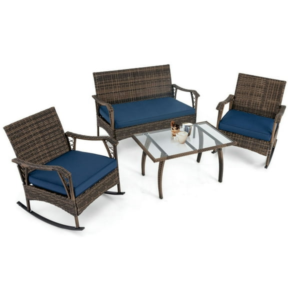 Spaco 4 Pieces Wicker Rocking Set with Bungee Rope Seat for Porch Yard, Outdoor Chairs, Patio Chair, Outdoor Patio Furniture-Navy