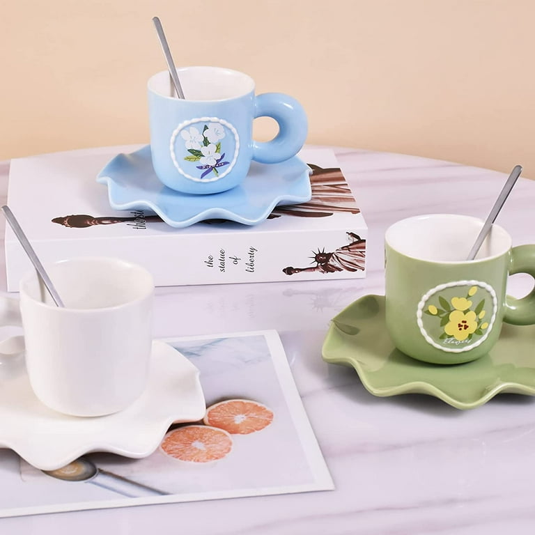 DanceeMangoos Ceramic Coffee Mug with Saucer Set, Cute Cup Unique Irregular  Saucer Design for Office and Home, Dishwasher and Microwave Safe,  8.5oz/250ml for Latte Tea Milk (Blue) 