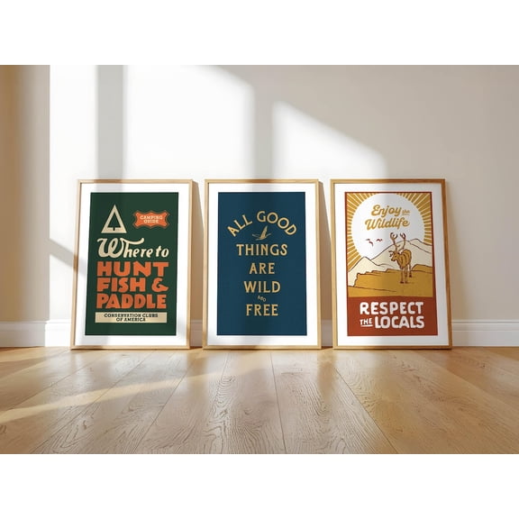 Retro Camping Art Outdoors Art Cabin Wall Decor Set 3 Unframed Paper Print 8x12