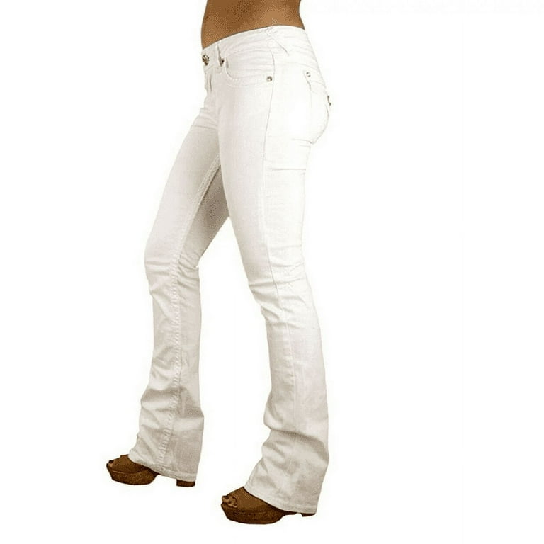 ★★ ★★ Bootcut white denim pants T22E6NPC001 LA Idol Women's Rhinestone Mid Rise Bootcut Stretchy Denim