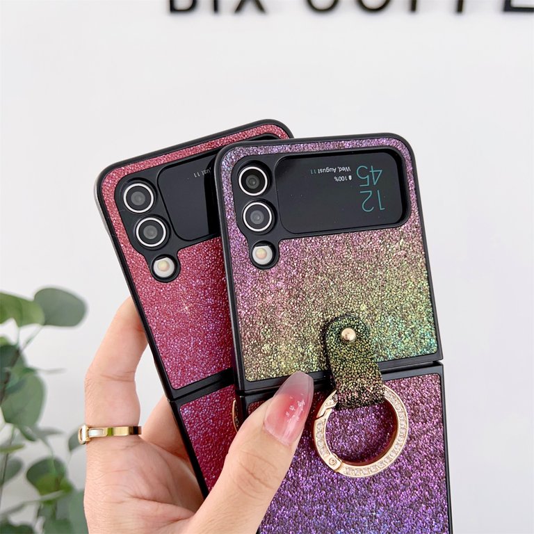 Uucovers for Galaxy Z Flip 4 5G Case with Ring Holder, Luxury Bling Glitter PU Leather Back Soft TPU Bumper Cute Girly Shockproof Portable Phone Case