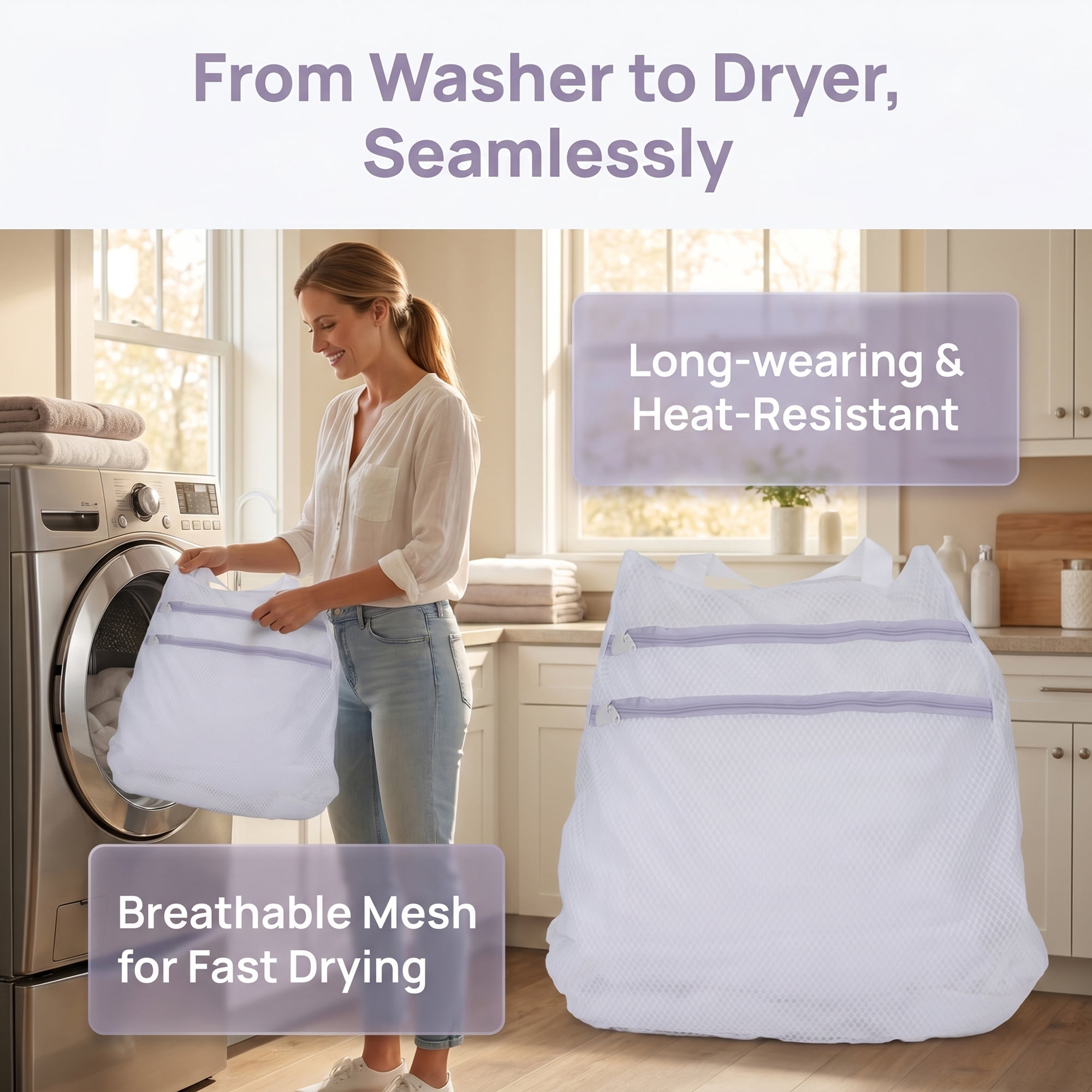 Unique Bargains 2 Pcs Mesh Laundry Bags, Durable Zipper Closure White-Purple 15.7"x15.7"