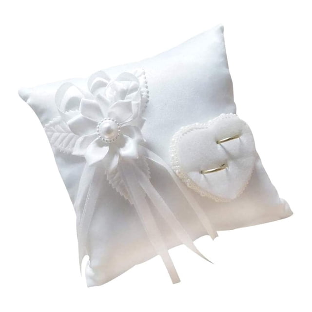 Almohada para Anillo de Bodas, Doble corazón Hueco Satén Encaje Perla Marfil Anillo de Bodas Cojín para Portador de Anillo Ceremonia romántica de Fiesta de Boda en la Playa, Blanco
