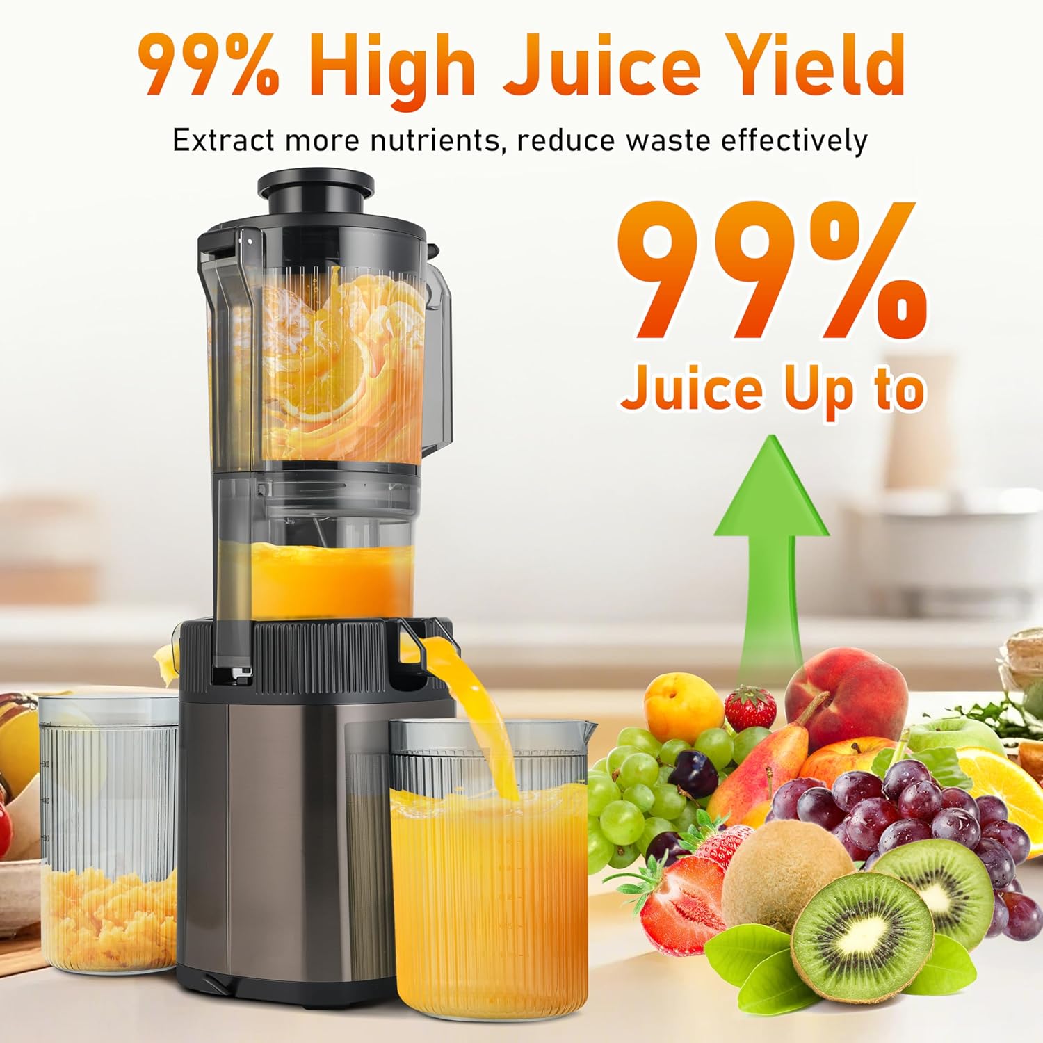 Cold Press Juicer - Juicer Machines with 4.3 Wide Feed Chute, 34oz Slow Masticating Juicer for Fruits and Vegetables, 99 High  Yield, Reverse Function, Dishwasher Safe