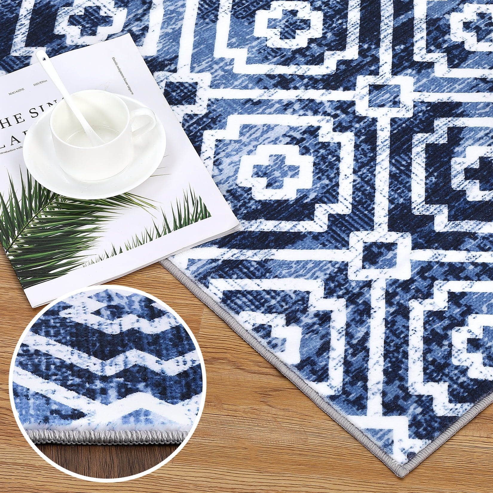 Garvee 9'x12' Large Area Rug Moroccan Distressed Rug Farmhouse Geometric Floor Carpet Non-Slip Low Pile Floor Decoration for Dorm Classroom, Blue