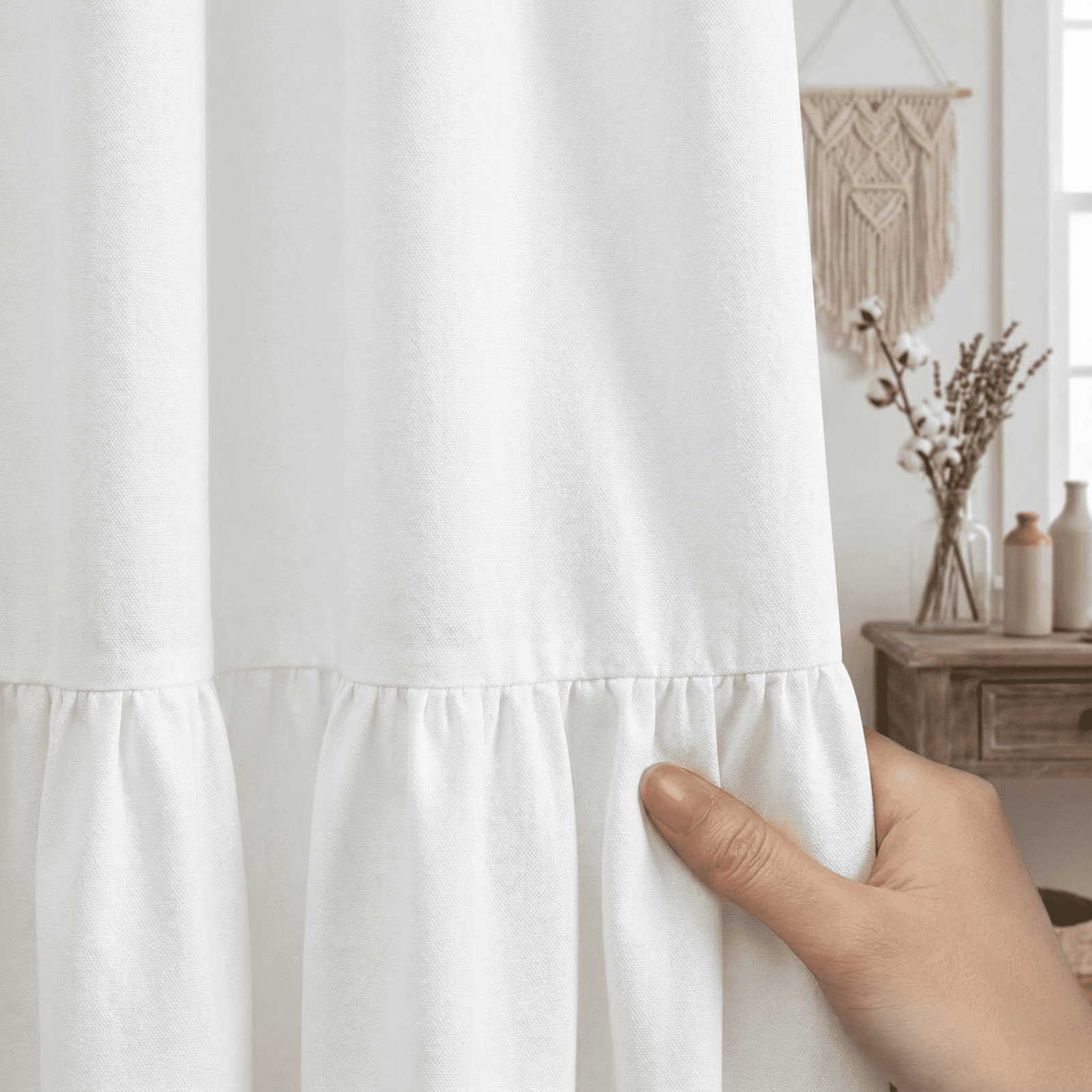 NixiYa White Farmhouse Shower Curtain Ruffle Linen Shower Curtain for Bathroom 72"x 72"