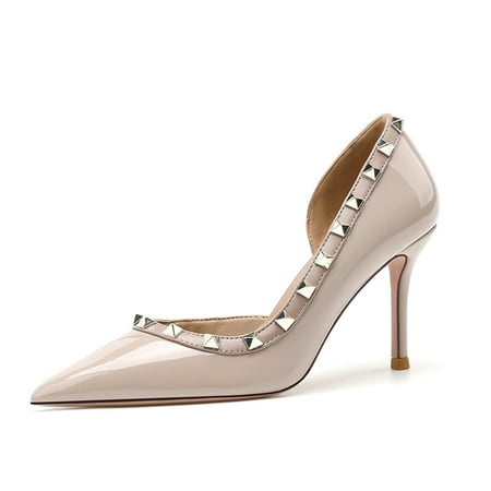 

HHH 2023 Spring New Rivets Pumps Side Empty Stiletto Heel Graceful Nude Color High Heels Man Attracted Niche Design