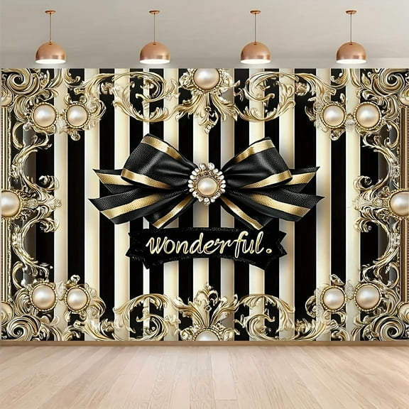 Black and Gold Wonderful Bow Birthday Backdrop Vintage Royal Golden Floral Pearl Wedding Photography Background Black and White Striped Festive Party Decorations Banner Supplies Photo Booth Props