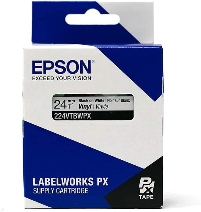 Epson LABELWORKS 224VTBWPX - Black on White Vinyl Label Maker Tape - 1" (24MM) Wide, 22.9'