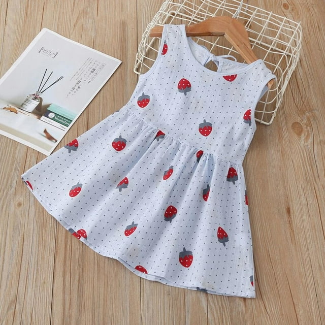 Robes pour Tout-Petites Fille Sans Manches Ligne A à Étages Évasées Robes Soleil Robe Chic Robe Imprimée Fraise pour Filles Robe d'Anniversaire