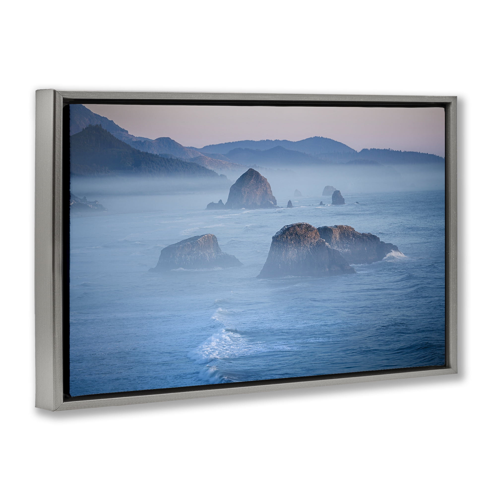 Stupell Industries Rocks Protruding from Sea Landscape & Nature Photography Gray Floater Framed Canvas Art Print Wall Art, 25 x 17
