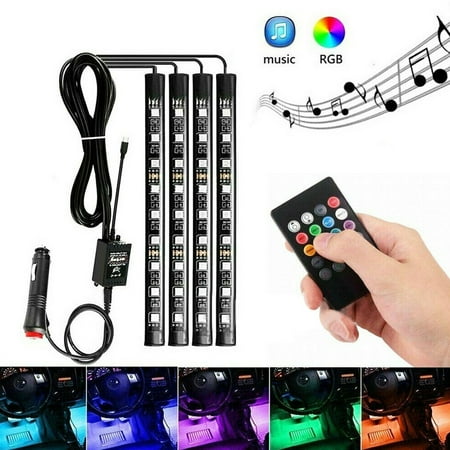 

4pcs 12V 9LED RGB Car Interior LED Strip Lights Wireless Remote Control Music