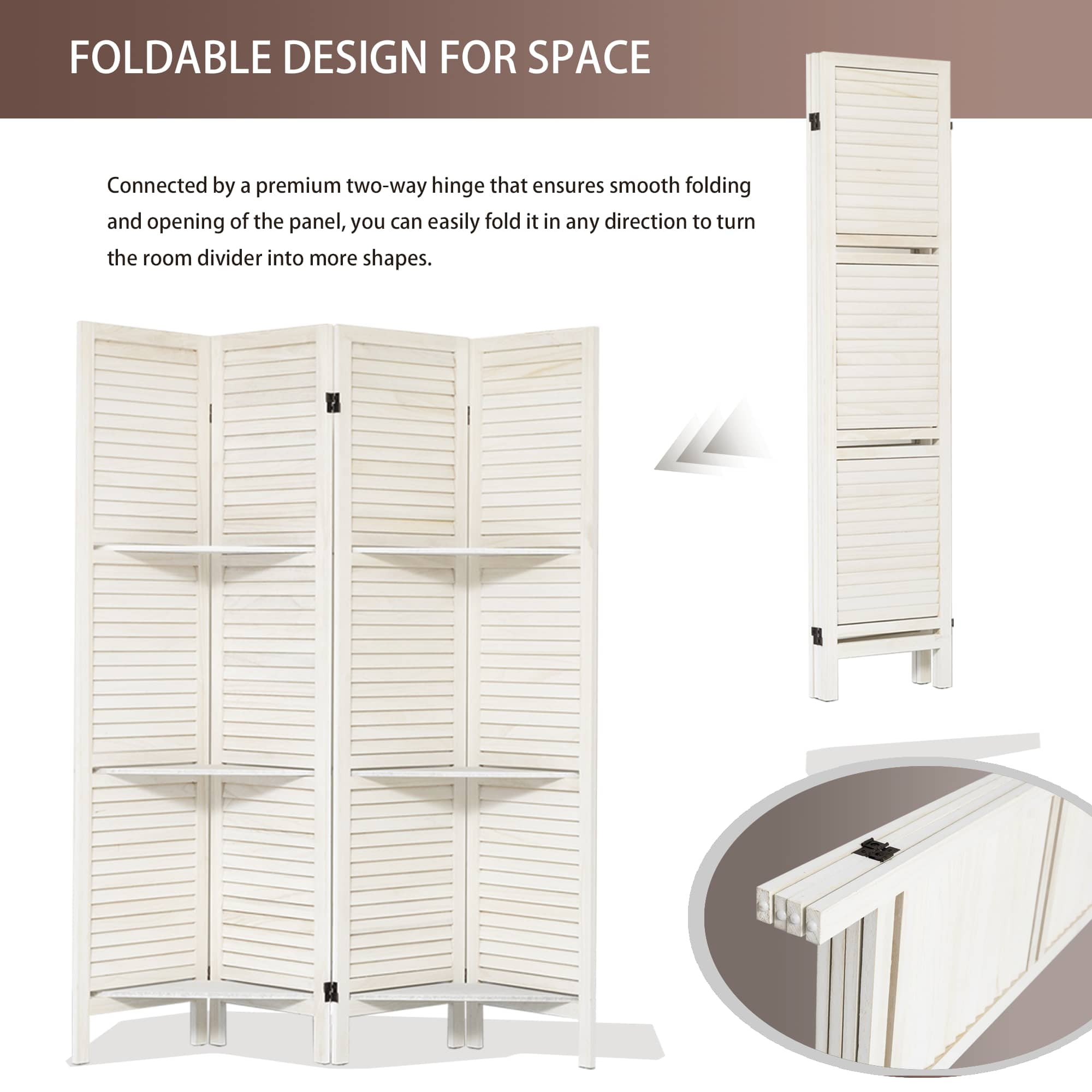 MAYEERTY 4 Panel Freestanding Room Divider with Shelves, 5.6Ft Folding Privacy Screens, Warm White