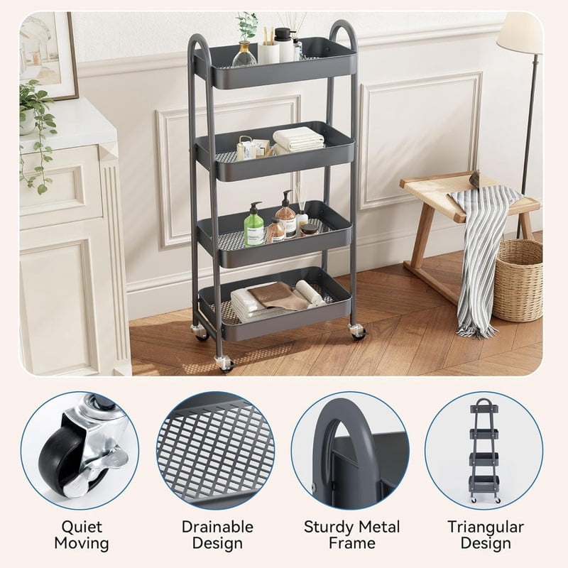 Kelno 4 Tier Rolling Cart Metal Utility Storage Cart Mobile Storage Organizer with Lockable Wheels, Gray