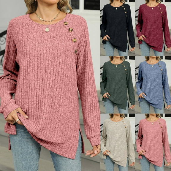 ATOYSOY Casual Ribbed Loose Knitted Shirts for Women Long Sleeve Sweatshirts Round Neck Button Pullovers Outwear Fall Solid Color Tops Side Split Trendy Green L