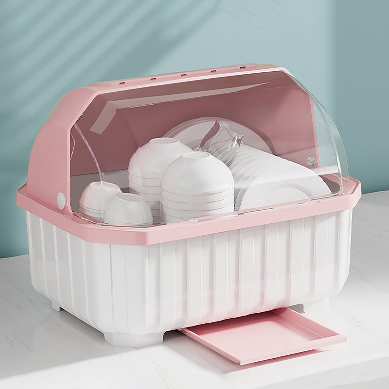 Medium Size Dish Drying Rack and Drain Board with Lid Cover,13.7" x 10.2" x 11",Kitchen Plate Cup Tray Cutlery Drainer(Pink)