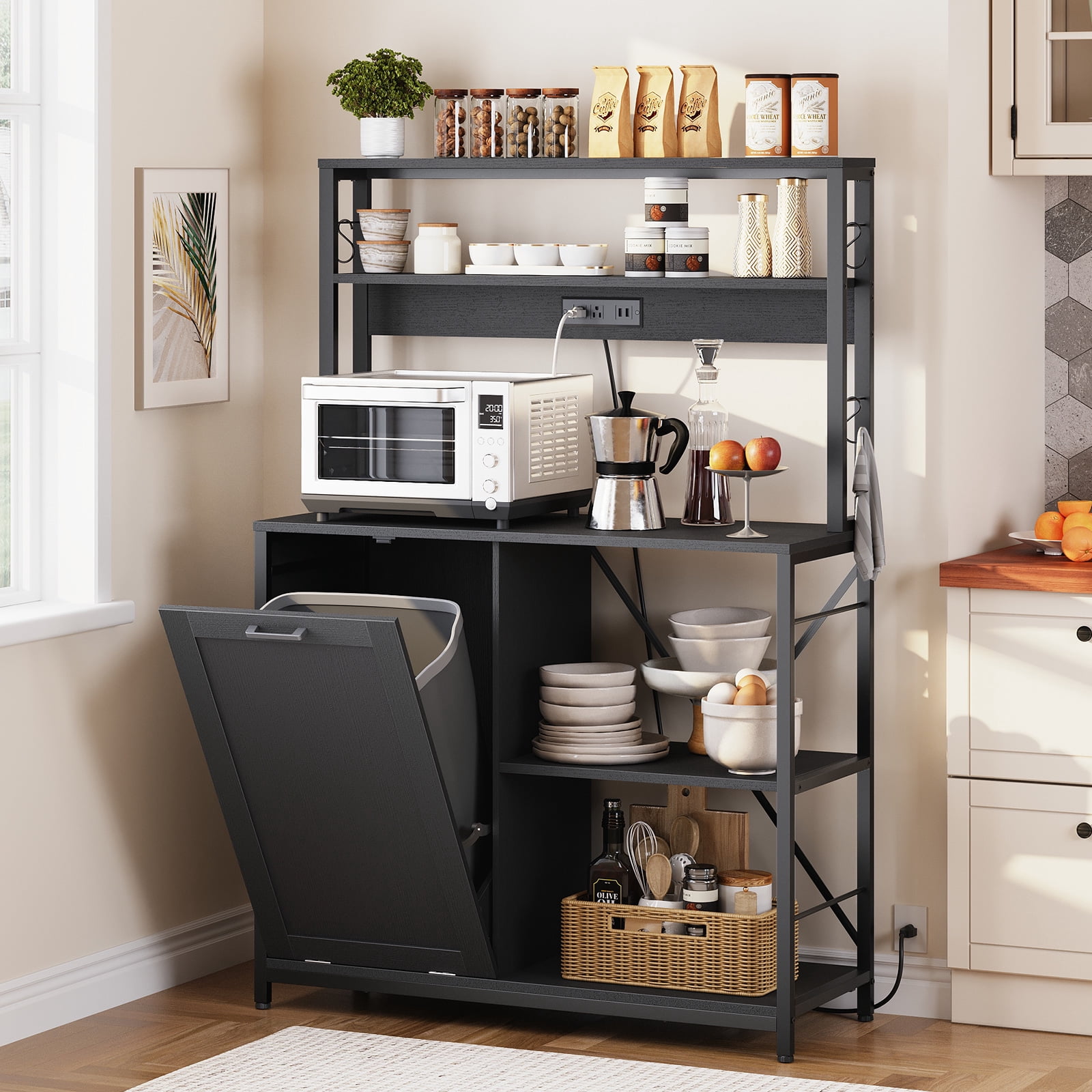 HOOBRO Bakers Rack Microwave Stand with Trash Can Bin Cabinet, 5-Tier Kitchen Storage Shelf Cabinet with Power Outlet, Tall Coffee Bar Table Station for Dining Room, Living Room, Black BB50UHB01