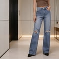 thumbnail image 4 of ClodeEU Women's High Waist Ripped Wide Leg Jeans,Distressed Baggy Straight Denim Trousers with Pockets Blue,Women's Plus L, 4 of 7