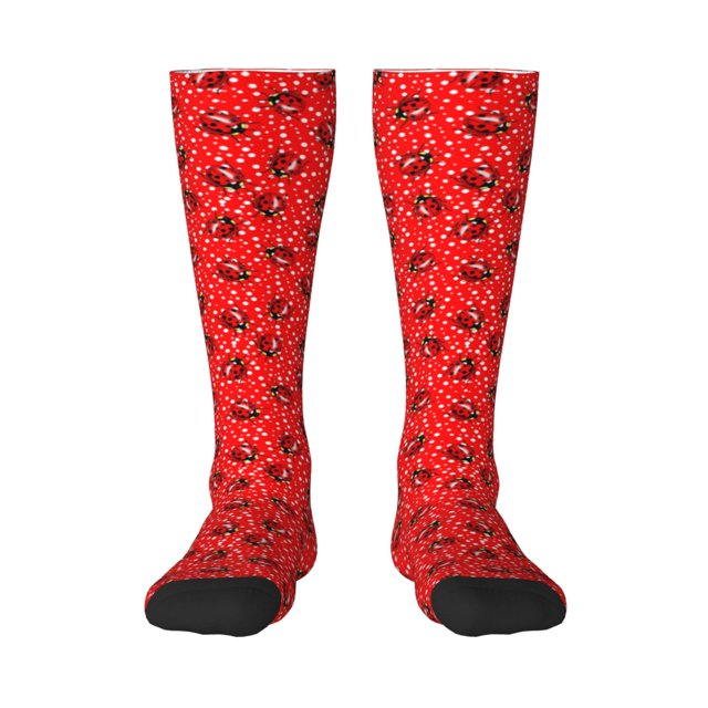 Fotbe Red Ladybugs On White Dotted Calcetas Divertidas Estampadas para Hombre y Mujer, Calcetas de Algodón hasta la Rodilla para Caminar, Correr, Enfermería y Embarazo