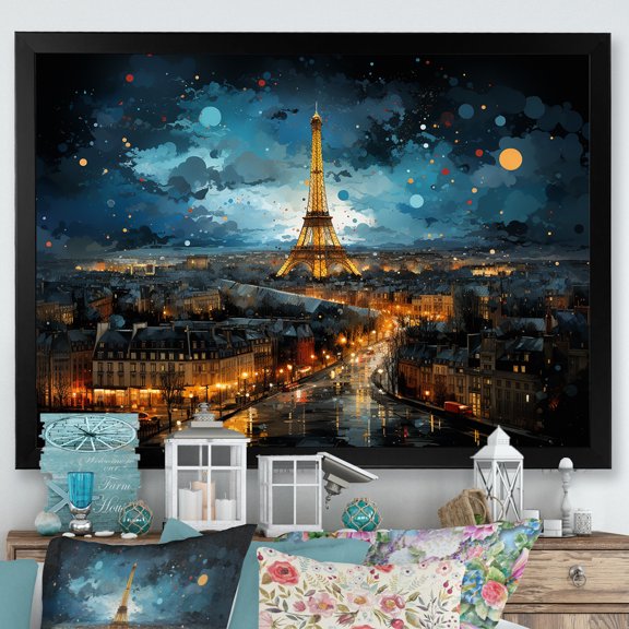 Designart "Night Views of the Eiffel Tower in Paris" Cityscapes Framed Wall Art Decor - Industrial Yellow Paris Entryway Framed Wall Art