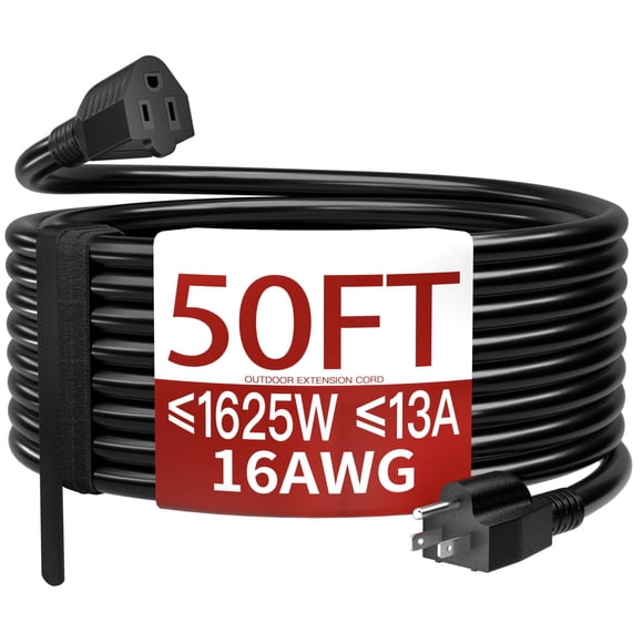 Cable de extensión para exteriores Skrizcable 16/3 de 50 pies, impermeable, resistente a la intemperie y ignífugo, negro, de 3 clavijas, para césped y jardín, 13 amperios, 1625 vatios, 125 V CA, calib
