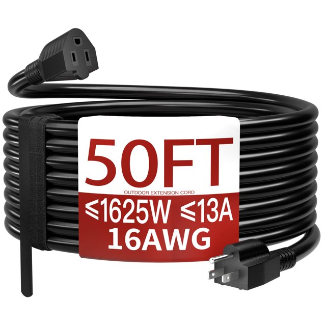Cable de extensión para exteriores Skrizcable 16/3 de 50 pies, impermeable, resistente a la intemperie y ignífugo, negro, de 3 clavijas, para césped y jardín, 13 amperios, 1625 vatios, 125 V CA, calib
