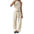 thumbnail image 2 of LEKWK Two Piece Sets for Women Sleeveless High Neck Pleated Tank Tops and Elastic Waist Wide Leg Pants Summer Fashion Casual Vacation Daily Wear, 2 of 7