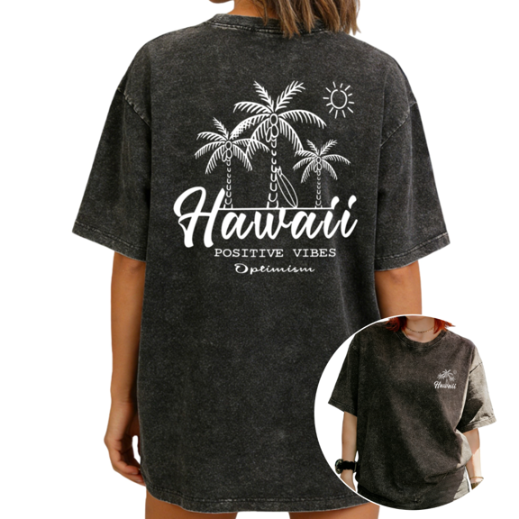 Women Hawaii Palm Tree Graphic Tees T Shirt Tops Round Neck Printed Washed Cotton T Shirt Black S-2XL Plus Size