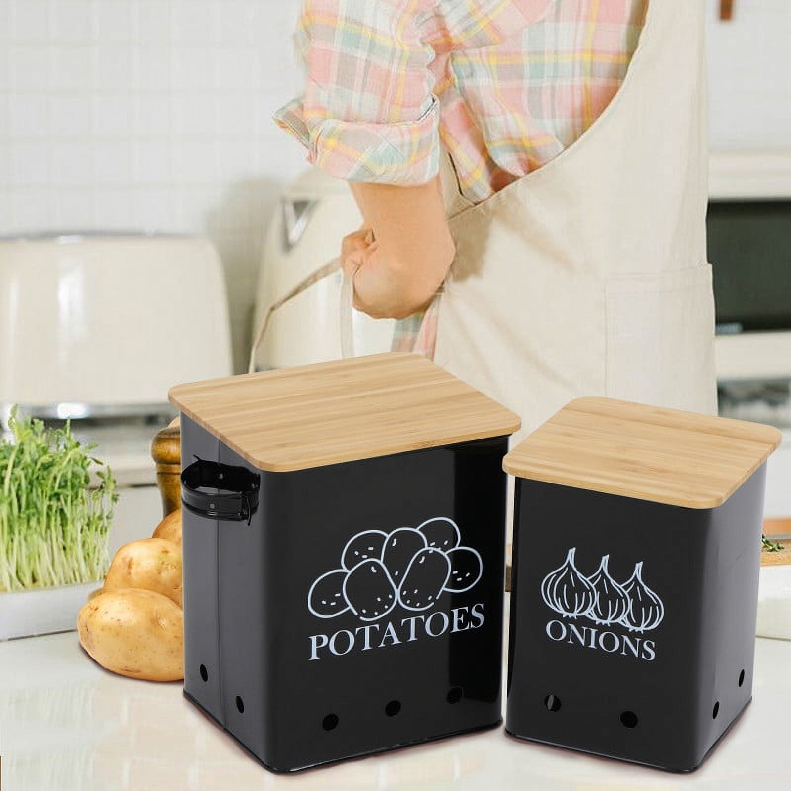 Pethiy Potato Onion Storage Bin, Kitchen Storage Containers, Kitchen Pantry Organizer Tin - Vegetable Fresh Keeper with Aerating Tin Storage Holes & Wooden Lid,7.4L+4.5L, Black
