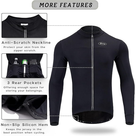 Dooy Men's Cycling Bike Jersey Thermal Biking Shirt Long Sleeve Bicycle Shirts with Full Zipper and Rear Pockets