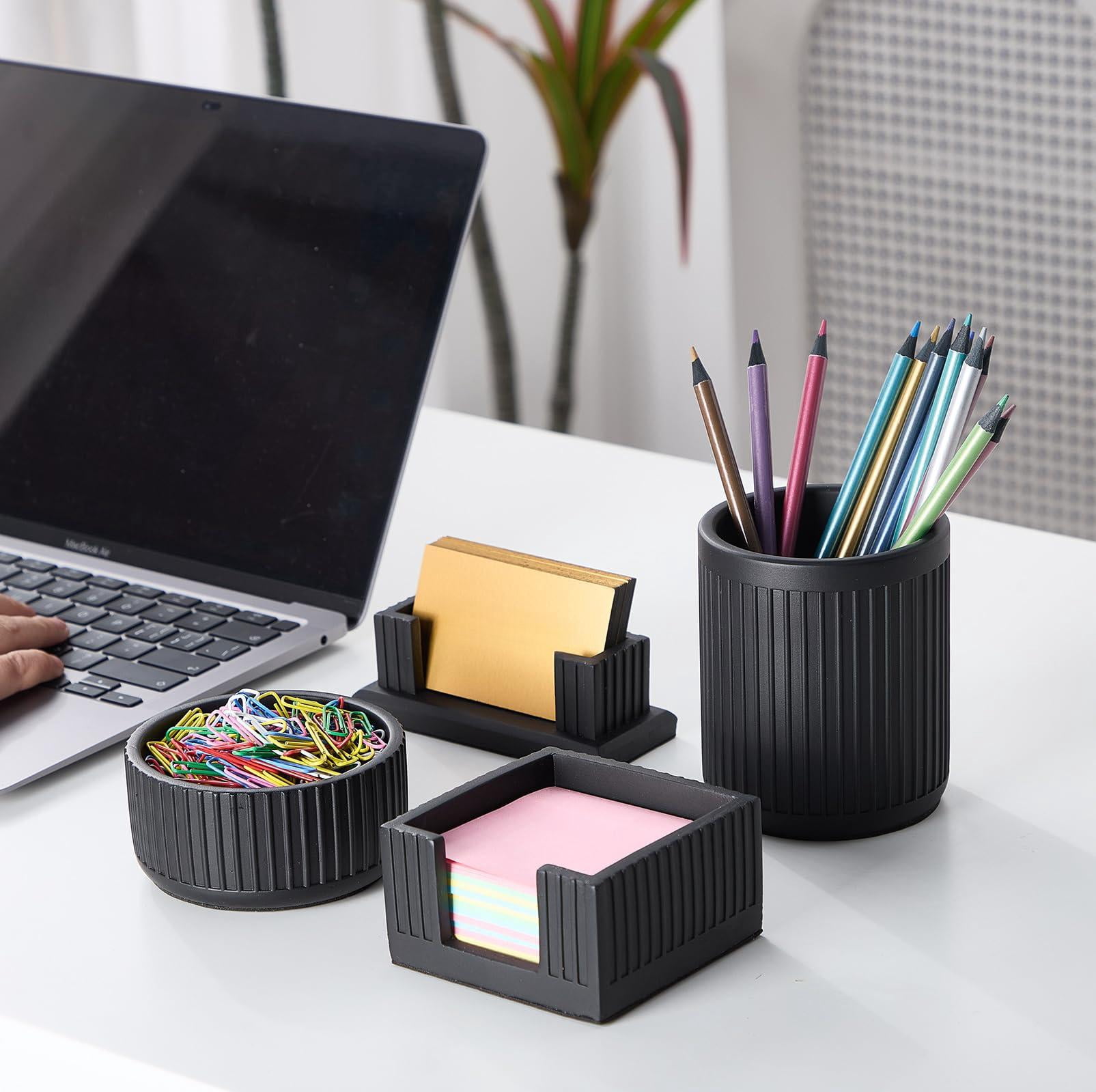 Set Of 4 - Concrete Desk Accessories For Modern  Industrial Minimalist Office Decor- Aesthetic Organizers Women Or Men- Pen Business Card Holder & Sticky Note Paper Clip