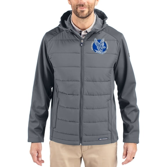 Men's Cutter & Buck Gray Air Force Falcons Evoke Hybrid Eco Softshell Recycled Full Zip Hooded Jacket