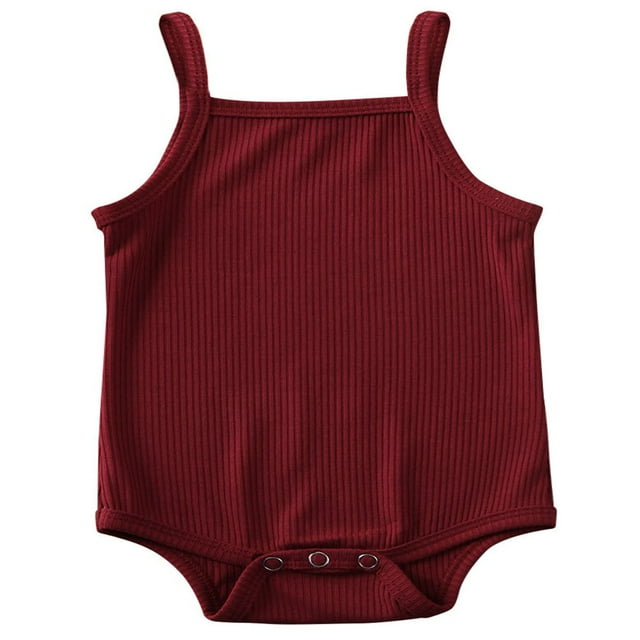 Newborn Baby Girl Clothes Halter Sleeveless Ribbed Knit Soild Color Jumpsuit Red 12-18 Months