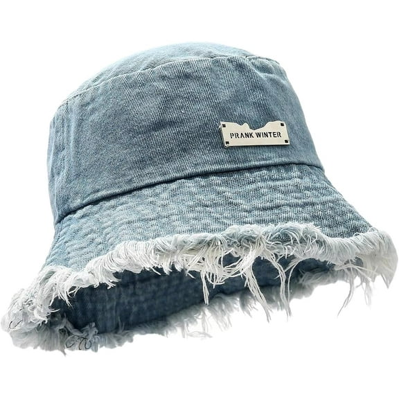 Women's Ripped Denim Bucket Hat Raw Hem Sun Hat Outdoor Cap