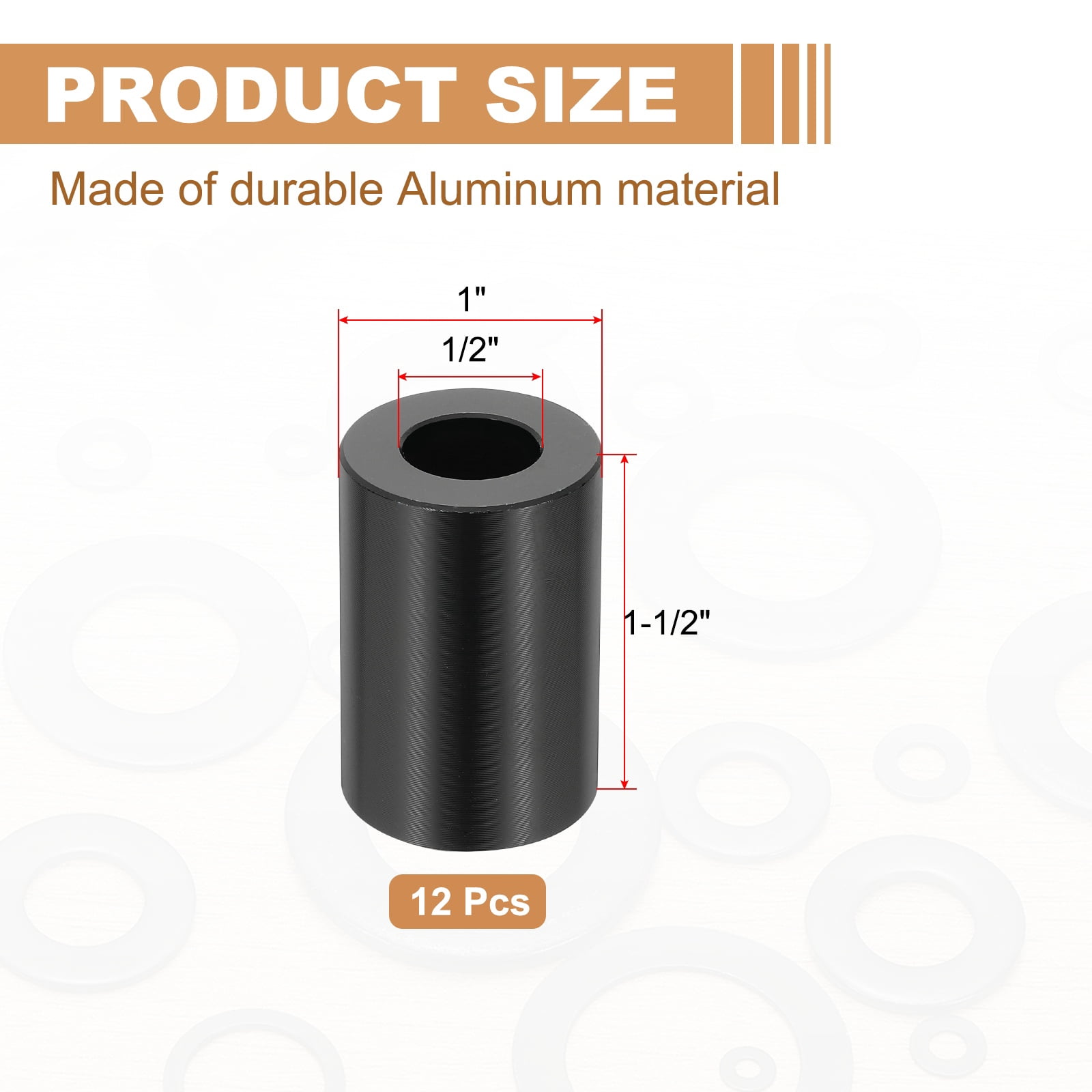 12PCS Aluminum Spacers, 1/2 x 1 Metal Spacers Aluminum 1-1/2 L Spacer Screw Standoff Round Unthreaded Standoff Bushing for 5/16inch Screw Bolts, Black