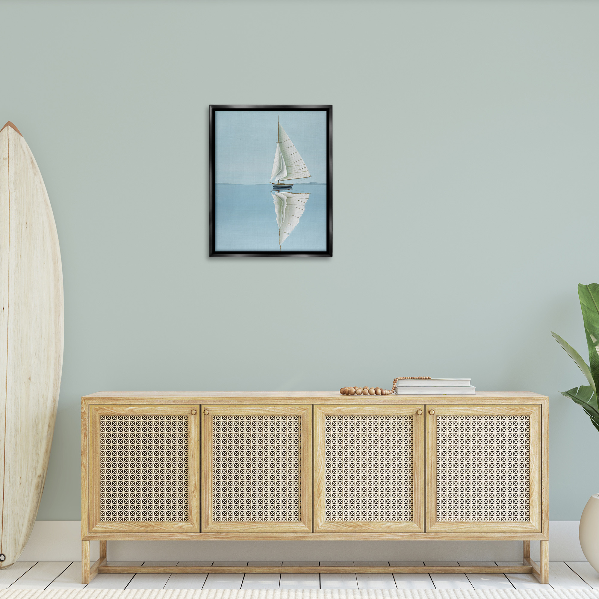 Stupell Industries Minimal Watercraft Reflection Transportation Painting Black Floater Framed Canvas Art Print Wall Art, 25 x 31