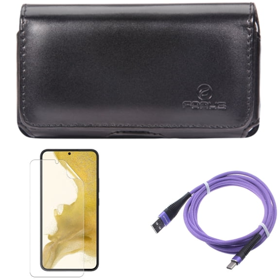 Matte Screen Protector & 10ft USB Cable & Case Belt Clip for Samsung Galaxy S22 (6.1") - TPU Film Anti-Glare & Purple Type-C & Leather Swivel Accessory Bundle