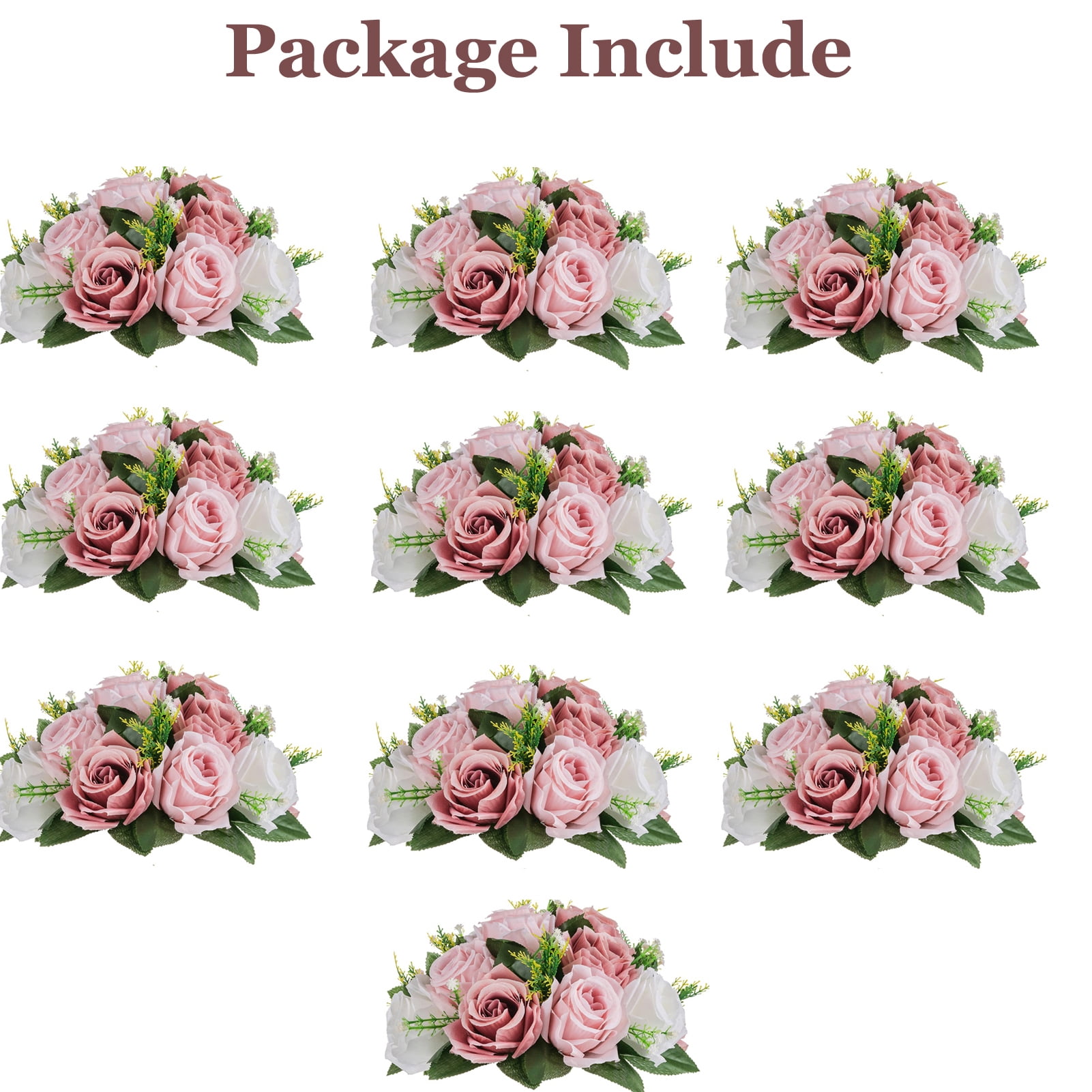 Nuptio Set of 10 Dusty Pink Rose Artificial Flower Kissing ball, 15 Heads Fake Peony Silk Flowers Bouquet for Centerpiece Wedding Birthday Party Home Table Decor