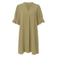 thumbnail image 4 of Vestido informal liso de manga corta y cuello en V para mujer - Minivestido de verano de poliéster con ribete con volantes, S-XXL, 4 of 5