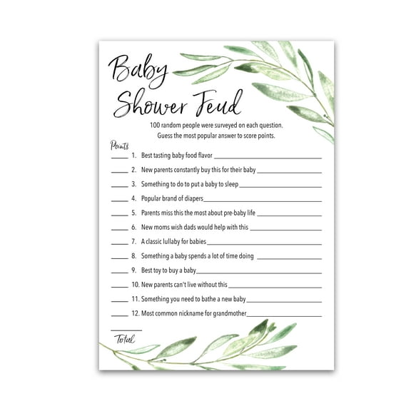 GREENERY Baby Shower FEUD Game - Pack of 25 - Fun Shower Family Feud Games, Green, Baby Shower Activity, Greenery, Rustic Gender Neutral Baby Shower Fued Games G320-BSF