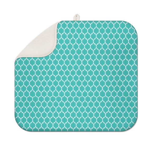 Turquoise Geometric Quatrefoil Pattern Dish Drying Mat for Kitchen 1 Pack, Ultra Absorbent Microfiber Dishes Drainer Mats,16"x18"