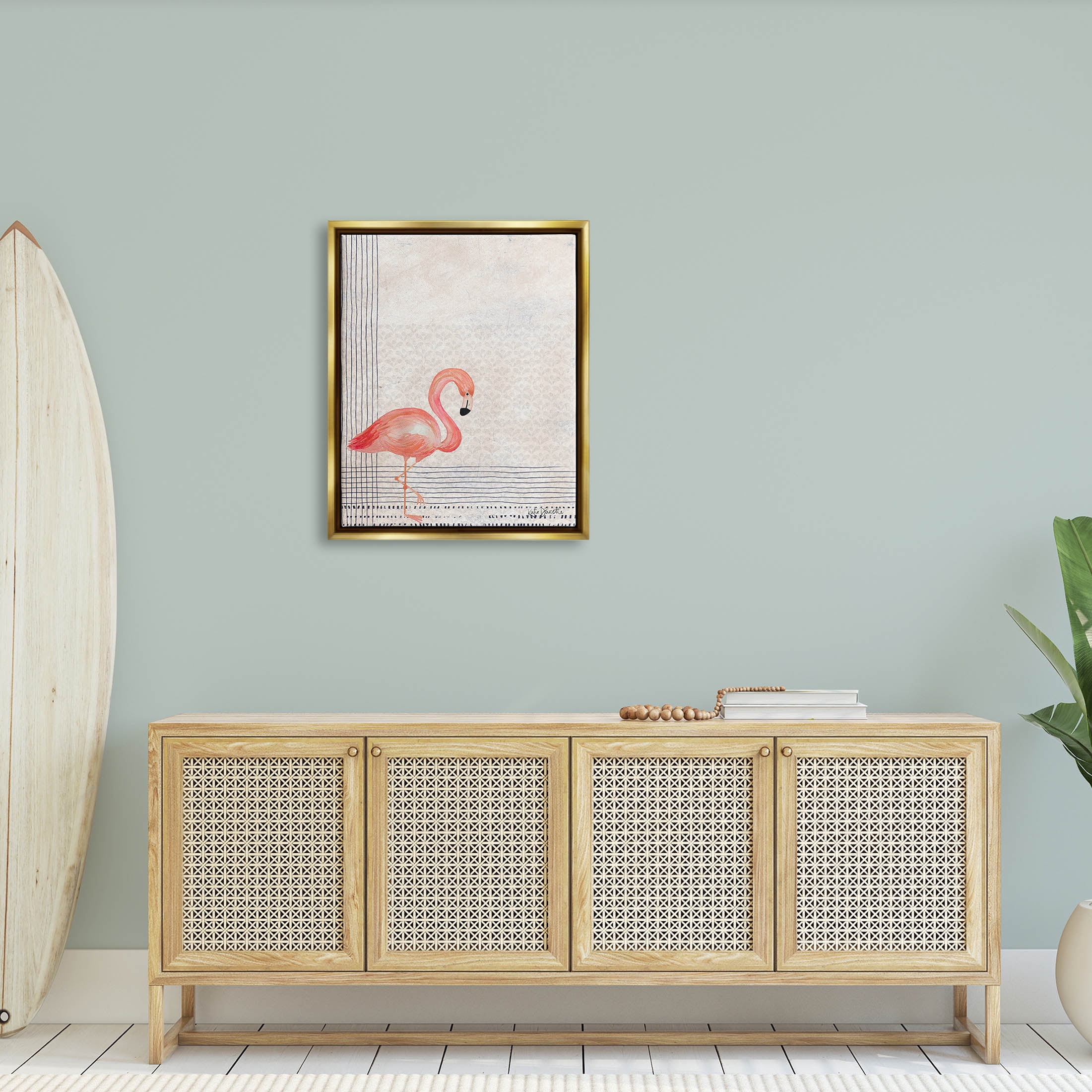 Stupell Industries Patterned Flamingo Bird Layered Stripes Graphic Art Metallic Gold Floating Framed Canvas Print Wall Art, Design by Katie Doucette