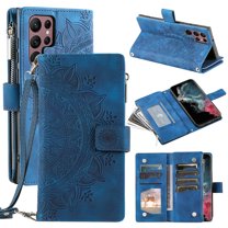 Feishell Zipper Wallet Case for Samsung Galaxy S22 Ultra 5G,for Women Men,Stylish Embossed Pattern PU Leather Multi Card Slots Magnetic Clasp Flip Stand Crossbody Phone Case with Shoulder Strap,Blue