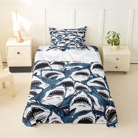 Feelyou Cartoon Ink Shark Twin Sheet Sets for Men Boys, Line Art Animal Bedding, Blue White, 3pcs