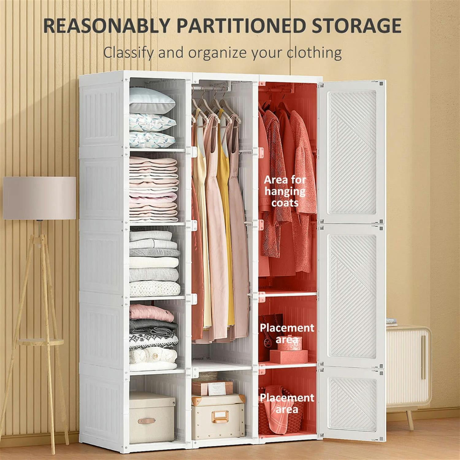Demi Bonn Portable Floor Cabinet, Folding Bedroom Armoire with 8 Cube Compartments, 2 Hanging Rods and 11 Magnet Doors, Freestanding Clothes Storage Unit, White