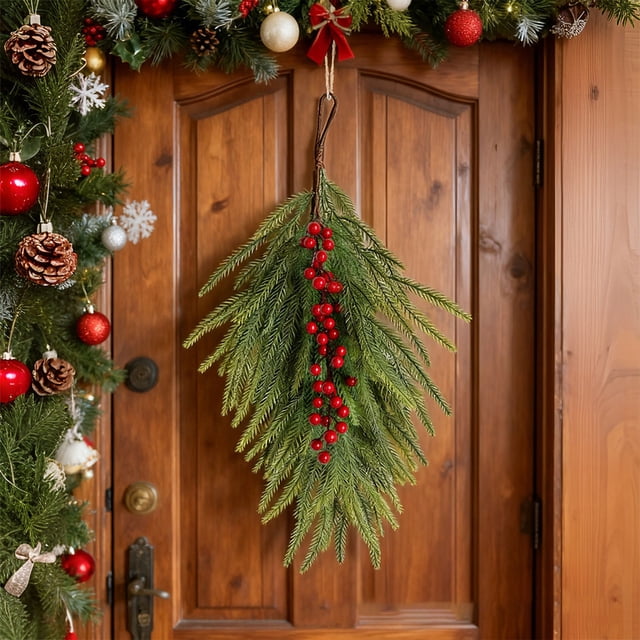 CREATITOY Décorations de Noël Aiguille de Pin Artificielle avec Baies Rouges Décoration Murale pour Salle à Manger Salon Fond de Fête de Noël